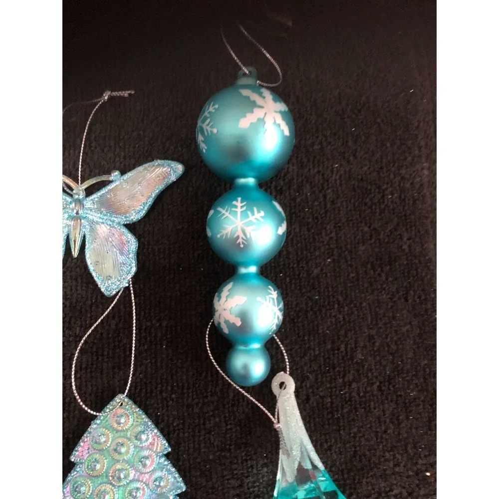 Lot of Vintage Teal/Blue Ornaments~Teal Wired Ribbon Excellent Condition